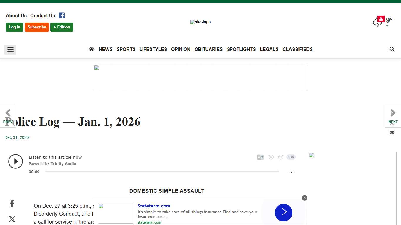 Police Log –– Jan. 1, 2026 Police Log cranstononline.com